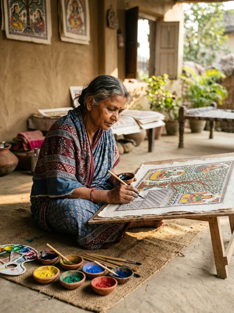 Mithila artist creating traditional artwork representing AAPI cultural heritage