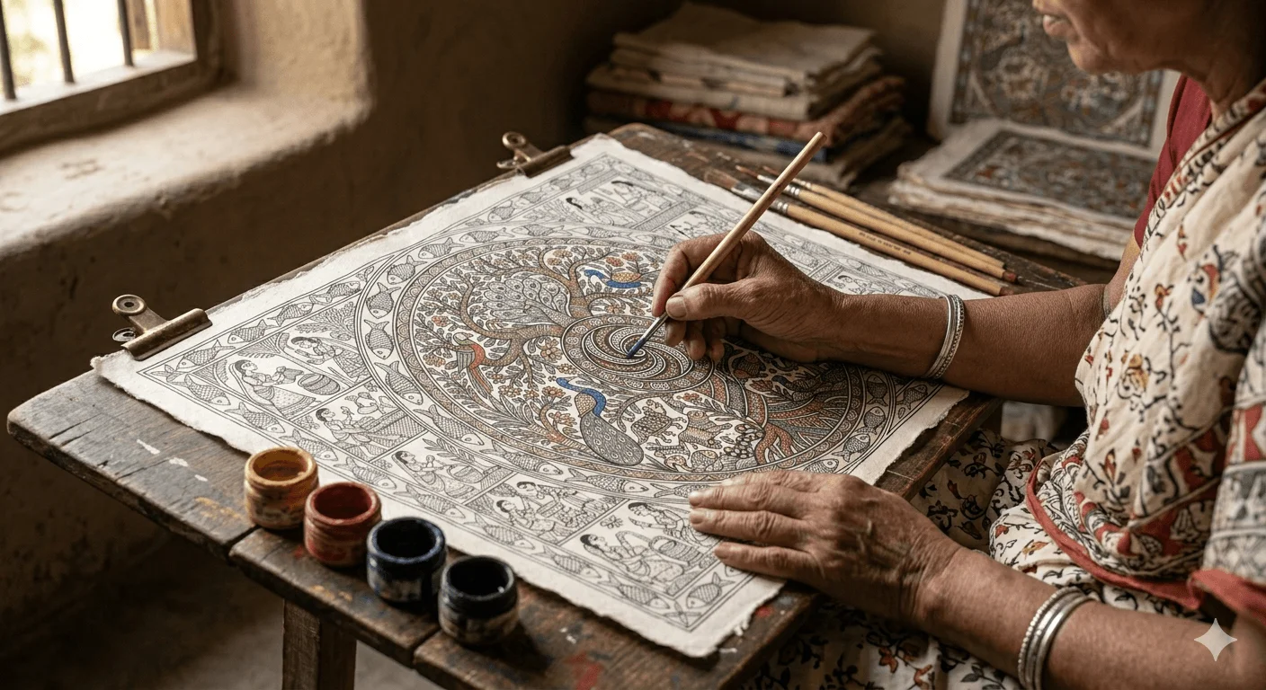 Traditional Mithila Madhubani art depicting cultural motifs
